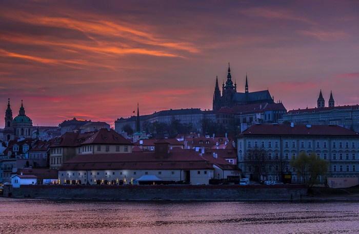 Prague Castle and Old Town at Sunset over River