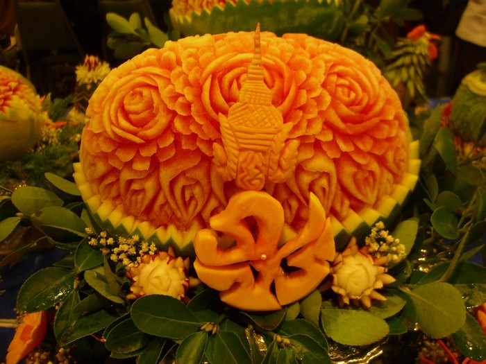 Intricately Carved Watermelon Sculpture with Floral Designs