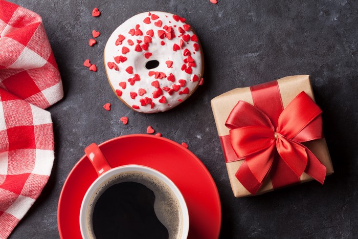Donut, Coffee, and Gift with Red Bow