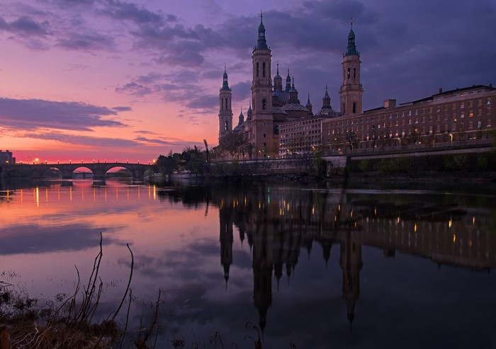 Basilica of Our Lady of the Pillar and Stone Bridge at Dusk