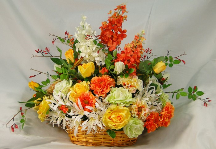 Flower arrangement in a wicker basket