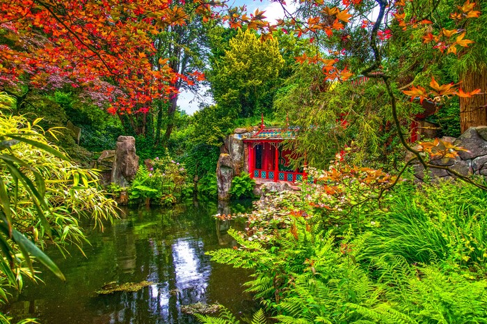 Biddulph Grange Garden, United Kingdom, Pond with Pagoda