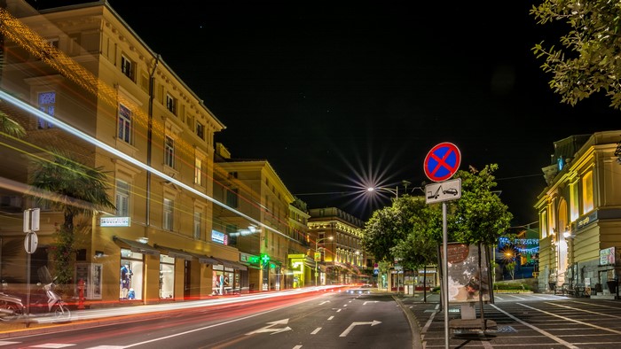Street at Night in Opatija, Croatia with Light Trails