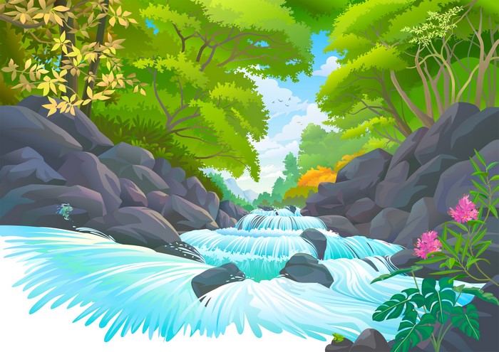 A vibrant forest stream with rocks and trees