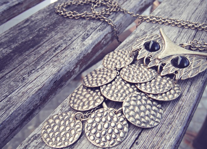 Owl pendant necklace with chain on wood planks