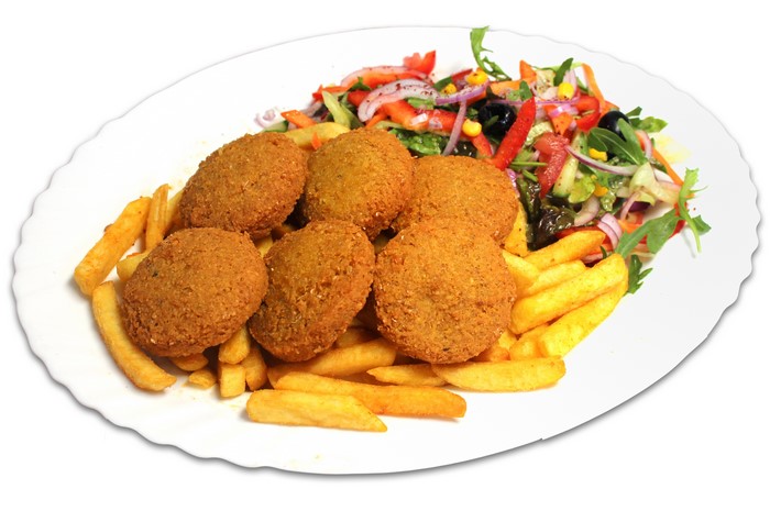 Falafel with French Fries and Salad on a Plate