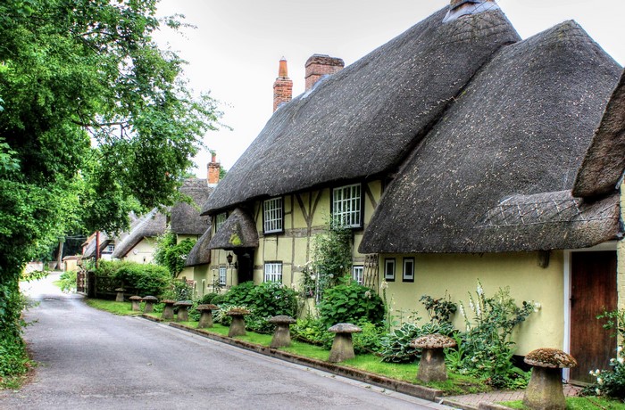 Thatched roof cottages on a street in Wherwell, England