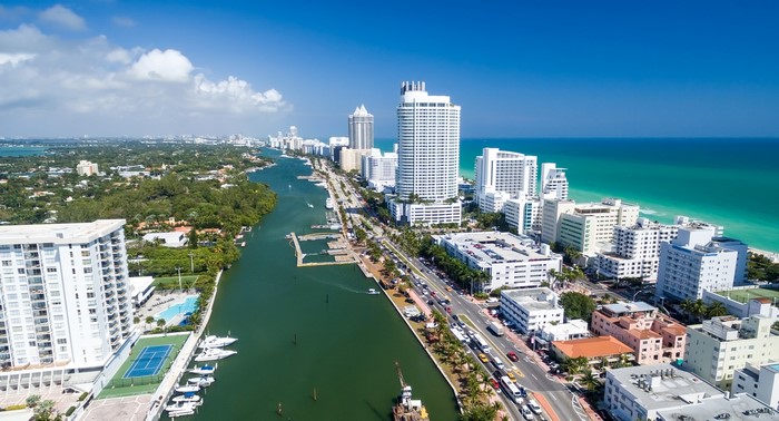 Miami Florida Waterfront with High-Rise Buildings and Marina