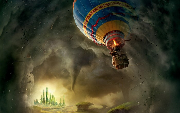 Oz the Great and Powerful hot air balloon in a tornado