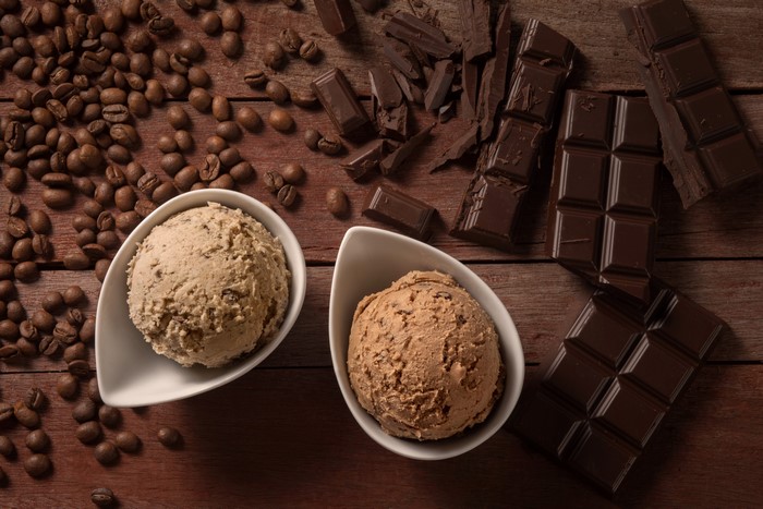 Coffee and Chocolate Ice Cream with Beans and Chocolate Bars