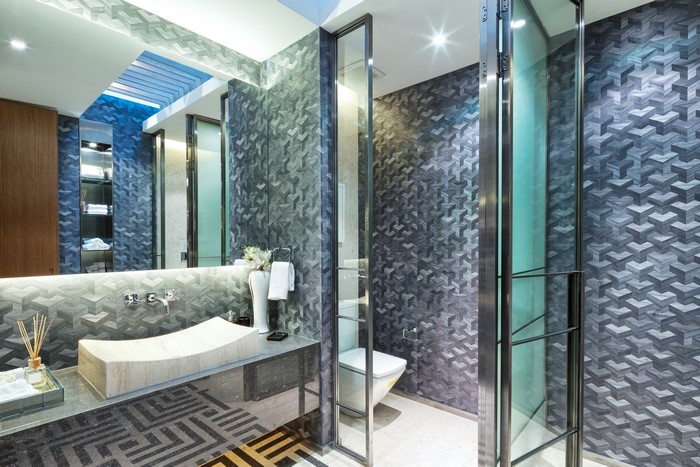 Modern Bathroom with Geometric Tile and Vessel Sink