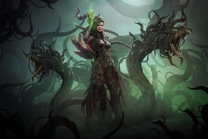 Woman surrounded by monstrous plant creatures