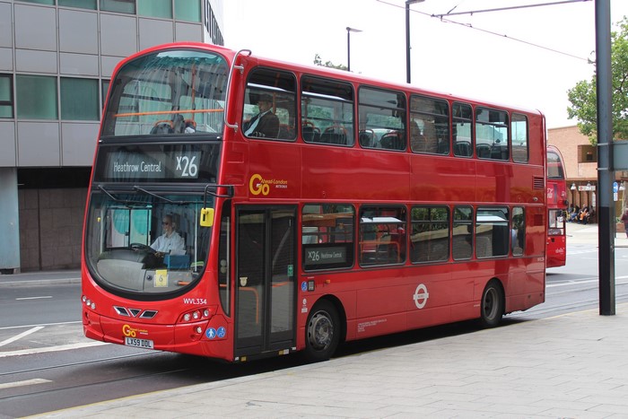 Red double-decker bus X26 to Heathrow Central