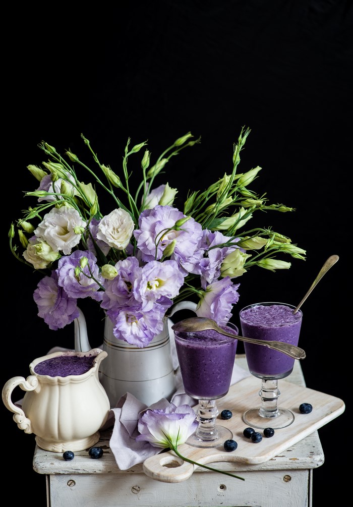 Still-life with Eustoma, Blueberries, and Cocktails