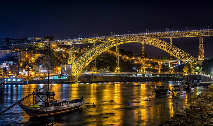 Dom Luís I Bridge over Douro River at Night, Porto, Portugal