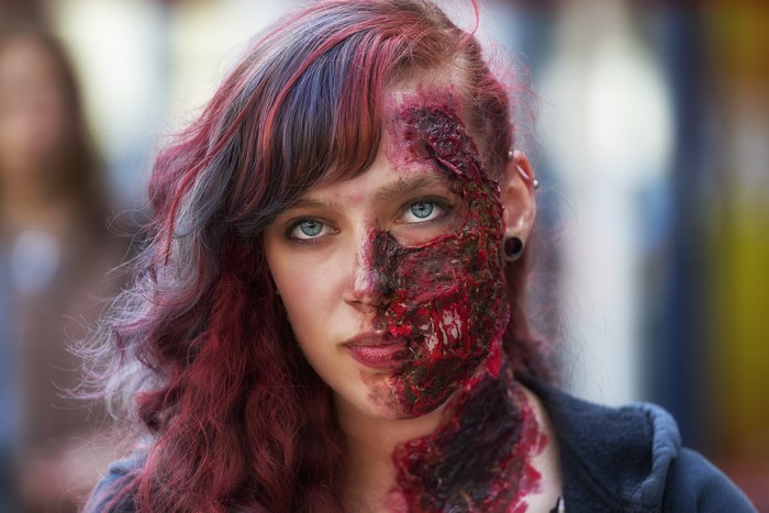 Zombie girl with red and purple hair