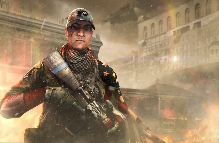 Man with Assault Rifle and American Flag Cape