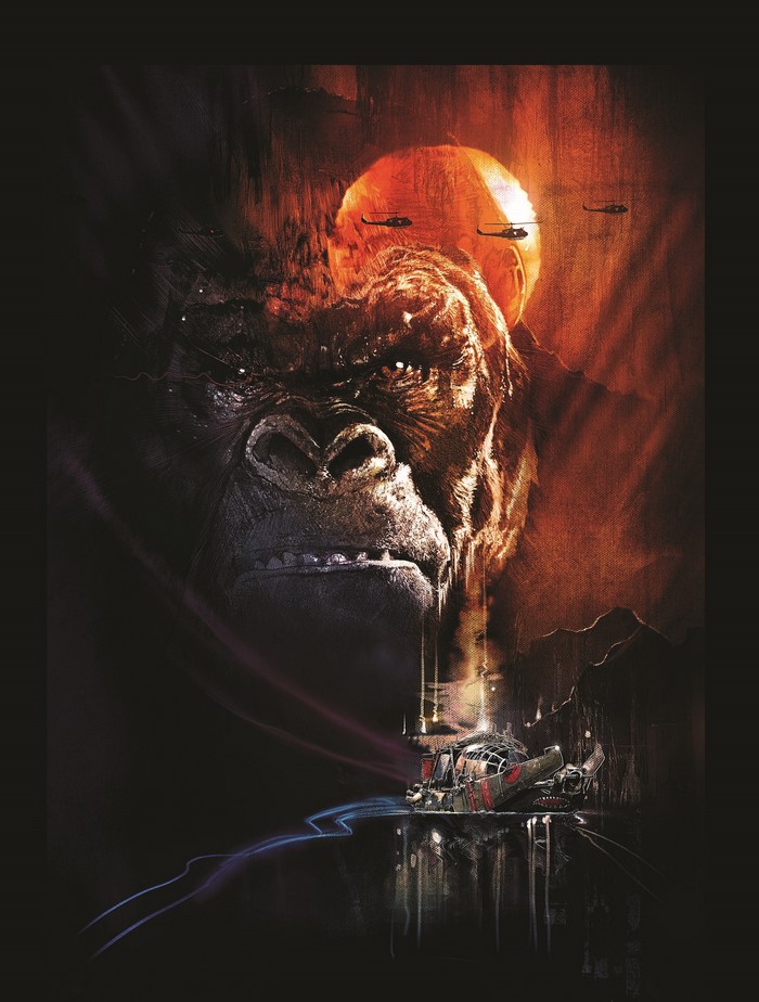 King Kong from Kong: Skull Island with helicopters and a crashed vehicle