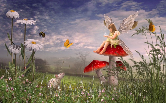Fairy on Mushroom with Rat and Daisies