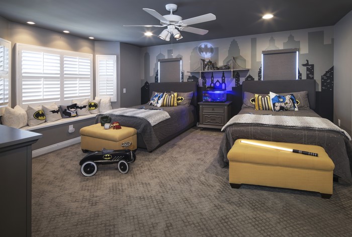 Children's Batman themed bedroom with two beds