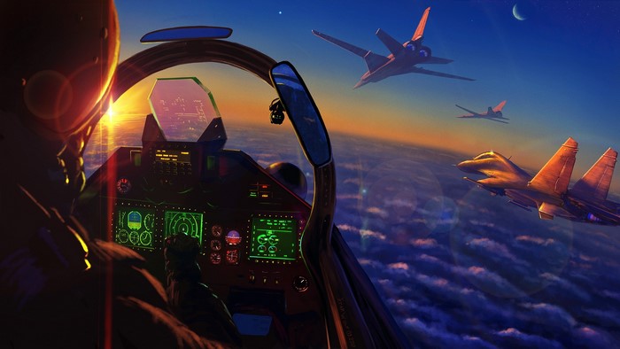 Fighter jets flying at sunset over clouds