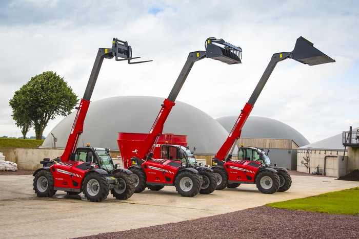 Three Massey Ferguson telehandlers with different attachments