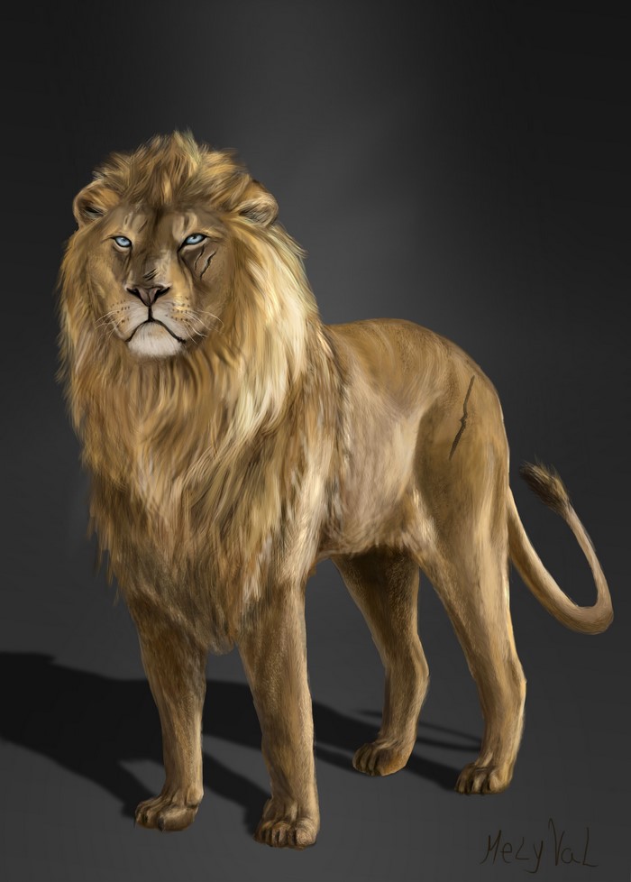 Painting of a lion with blue eyes