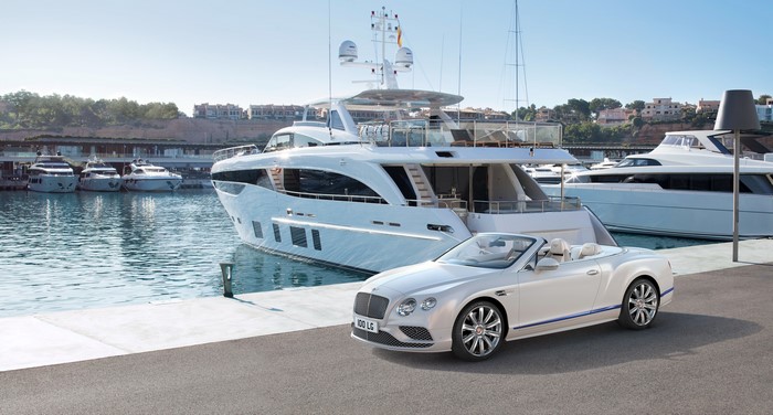 Bentley Continental GT Convertible in a Marina with Yachts