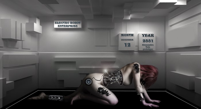 Robot prototype in a futuristic room