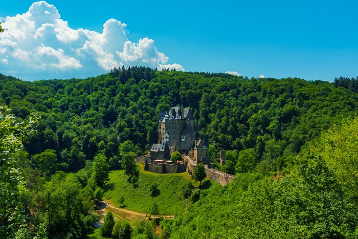 4K Eltz Castle in Germany surrounded by forests