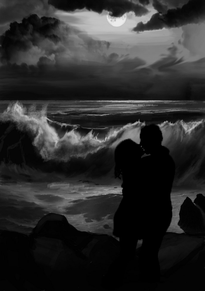 Couple kissing by the ocean at night