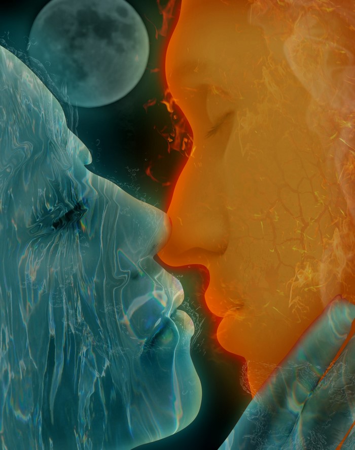 Water and Fire beings kissing under the moon