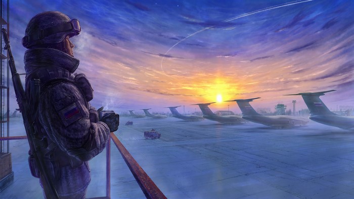 Soldier with rifle at airport during sunrise
