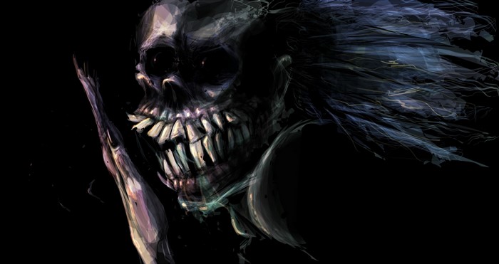 Monster with sharp teeth and flowing hair on black background