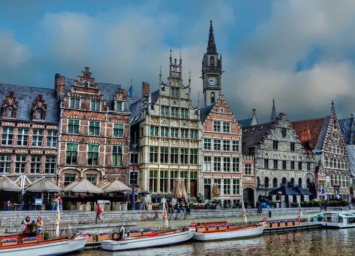 Ghent, Belgium waterfront with historic buildings and boats