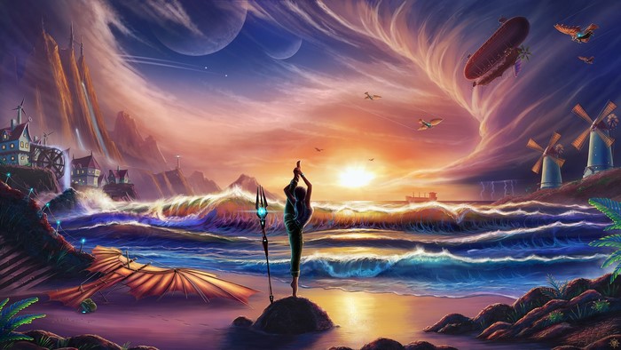 Fantasy world with a person doing yoga on the beach