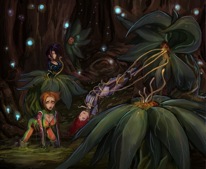 Women trapped by alien plants in a dark forest