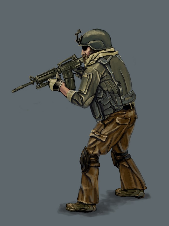Soldier with assault rifle on gray background