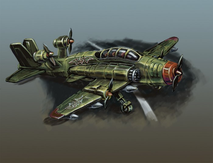 Fantasy bomber aircraft with multiple engines and guns