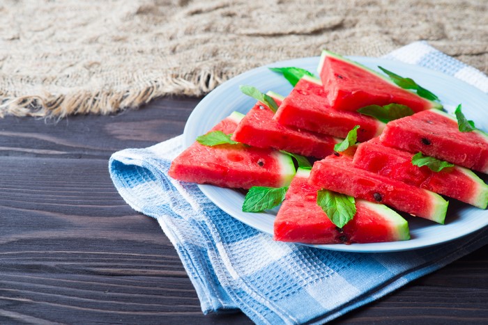 Watermelon slices on a plate with mint