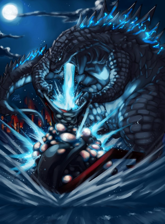Godzilla battling a monster at night