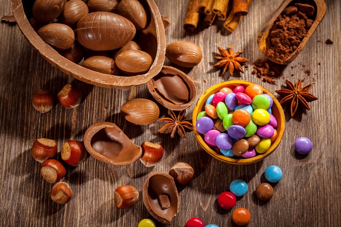 Easter Chocolate Eggs with Candies and Hazelnuts