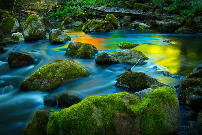 Mossy rocks in a stream with colorful reflections