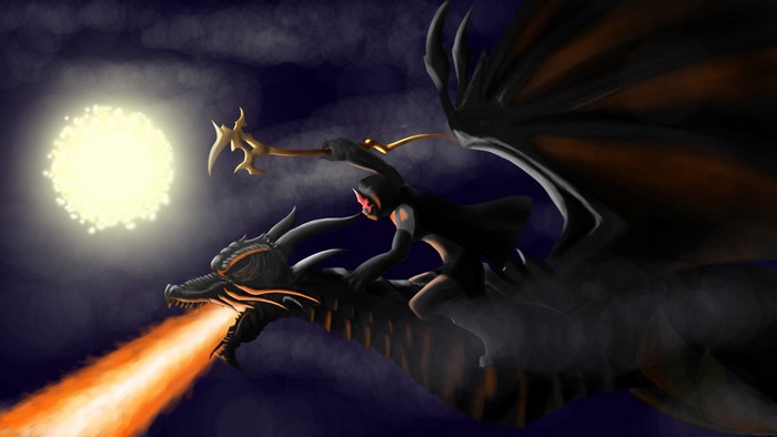 Dragon breathing fire with a rider at night