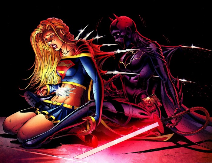 Supergirl injured by Batgirl with a sword