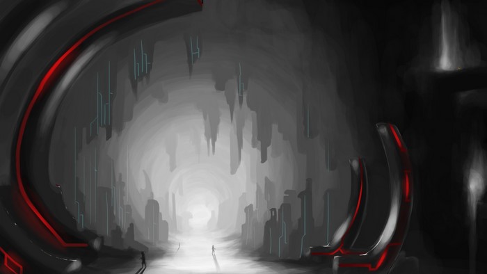 Fantastic world cave tunnel with red lights