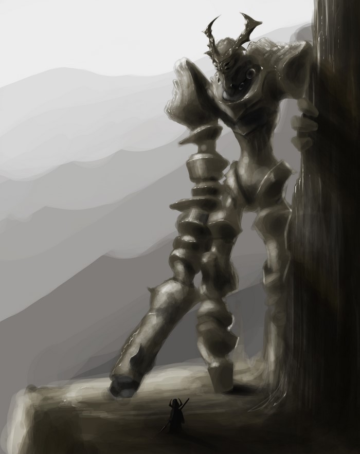 Giant armored monster and warrior