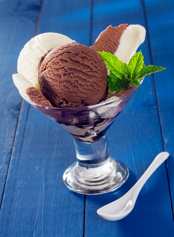 Chocolate and vanilla ice cream sundae with mint