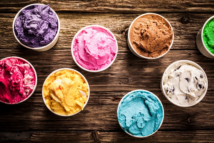 Assortment of colorful ice cream in cups
