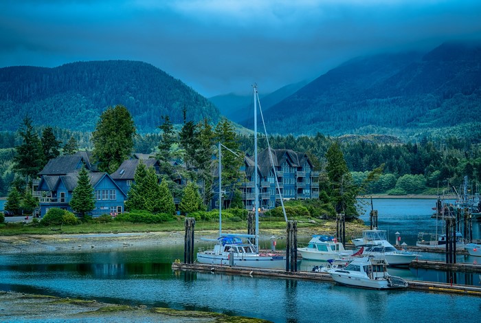 Ucluelet British Columbia Canada Marina with Houses and Mountains